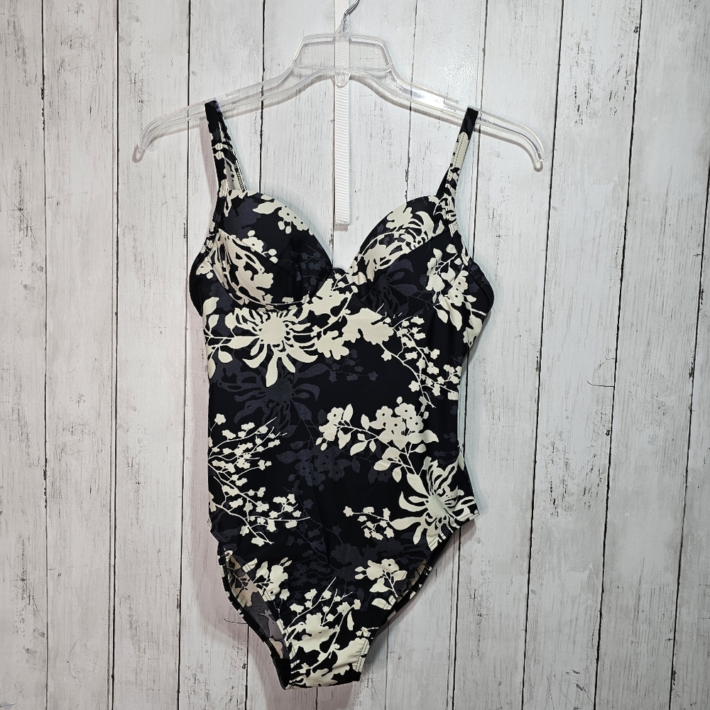NEWPORT NEWS Women's Sport Swimsuit Size 12 Black Ivory Gray Floral Underwire.